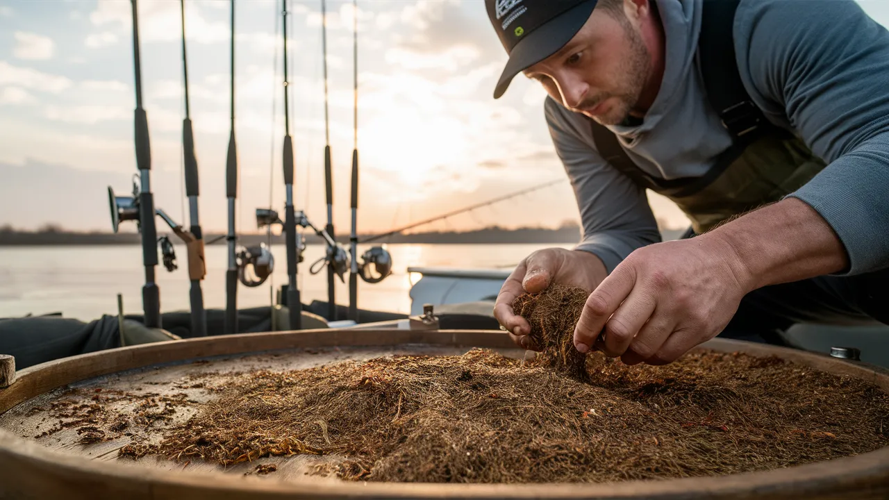 Photo of a fisherman preparing groundbait with added scent.